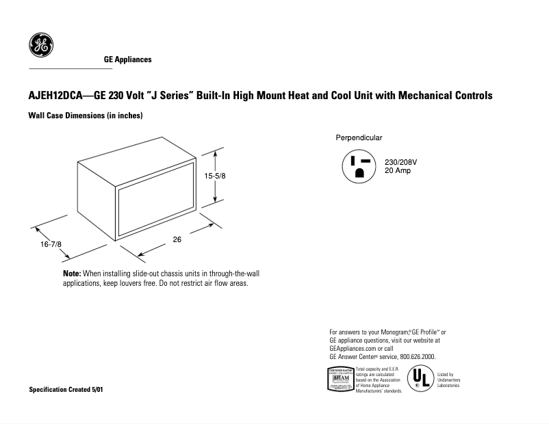 Página 1 del manual Ficha técnica GE AJEH12DCA