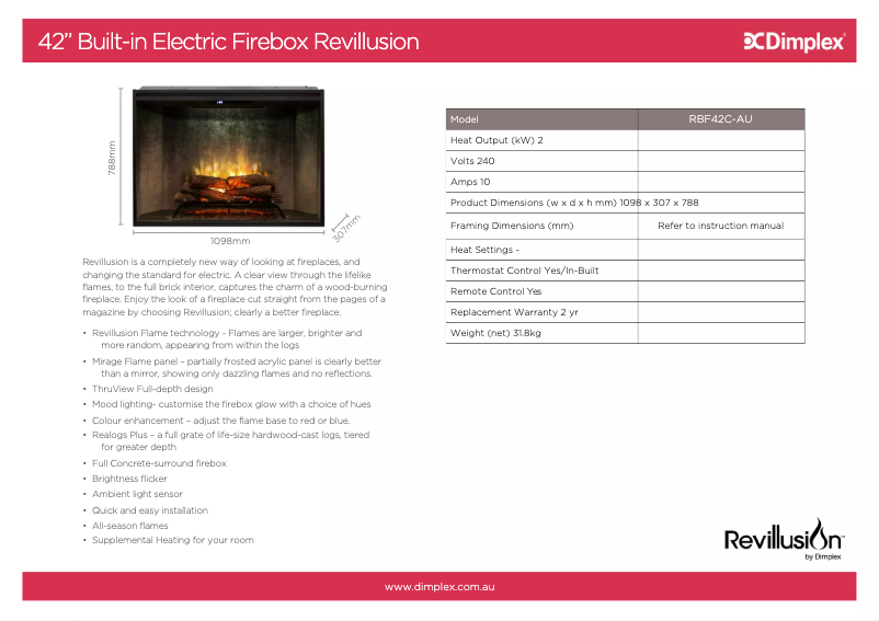 Page 1 de la notice Fiche technique Dimplex Revillusion RBF42C-AU