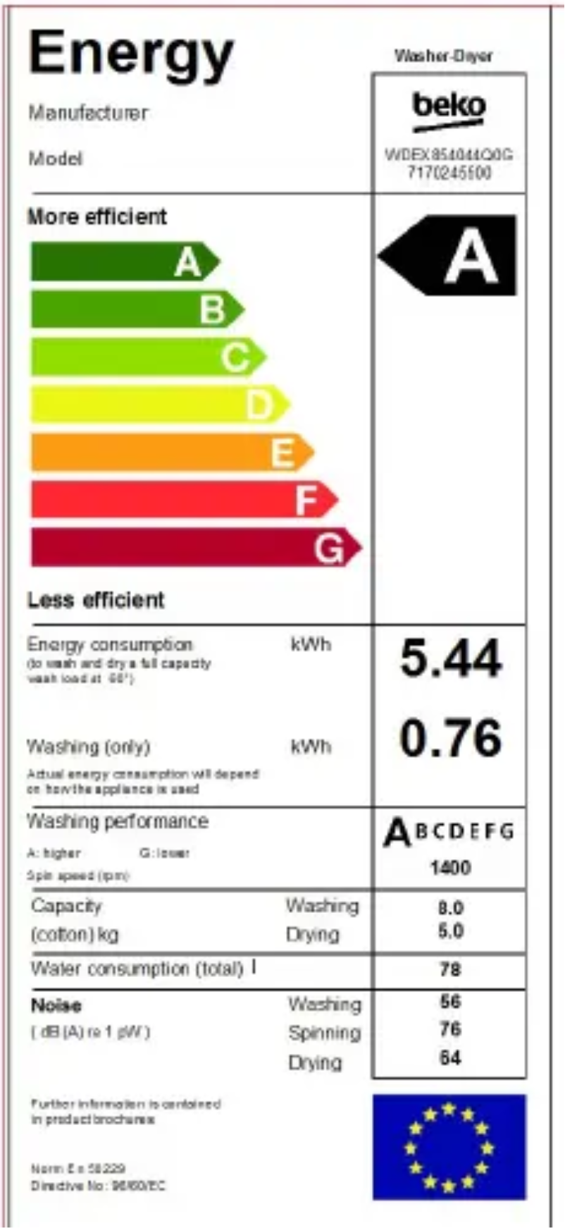 Page 1 de la notice Label énergétique Beko WDEX854044Q0