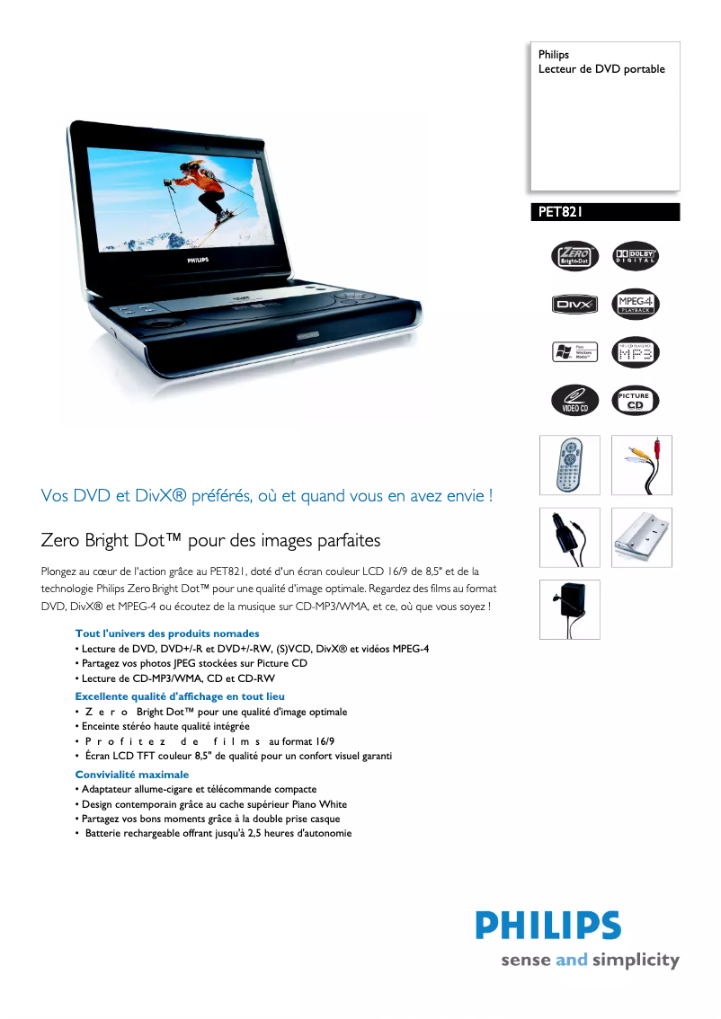 Page 1 of the manual Technical Sheet Philips PET821