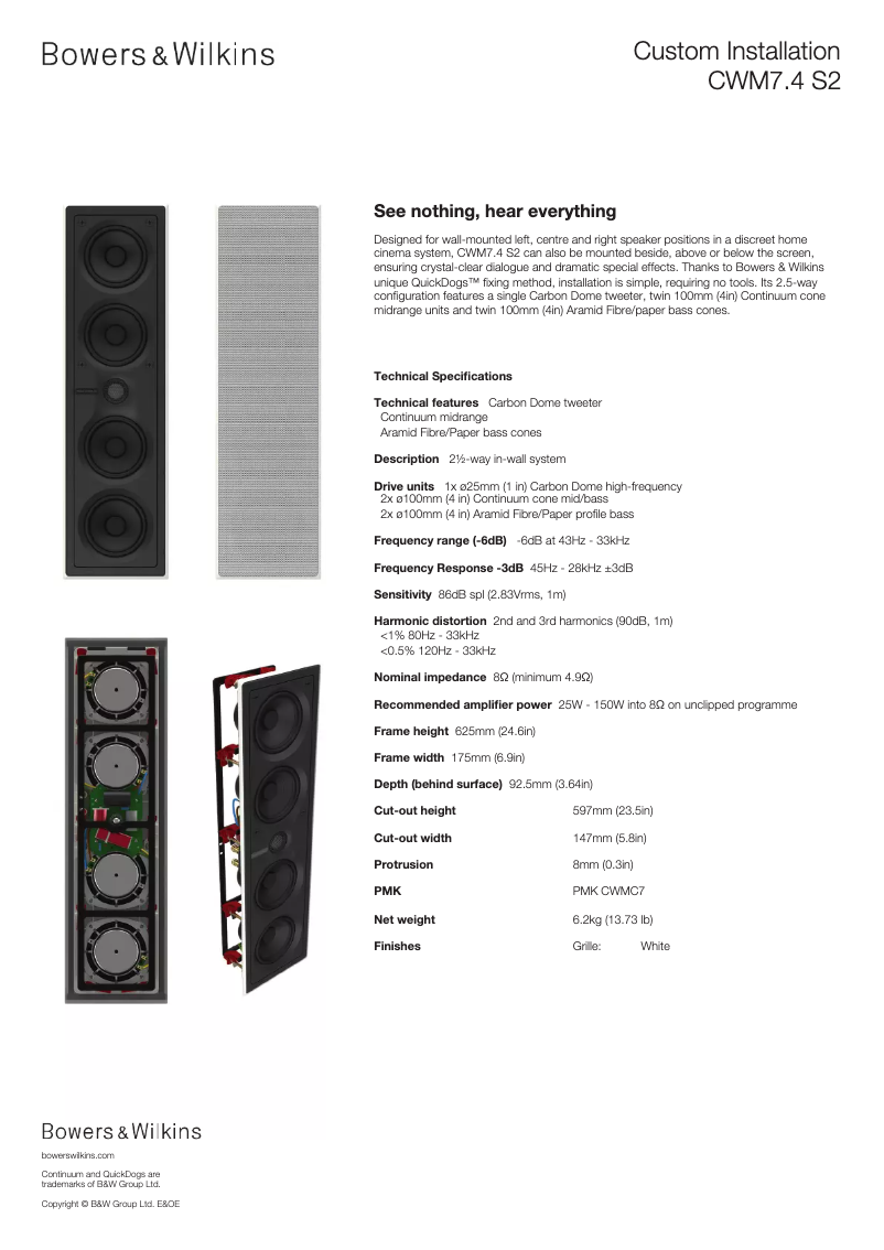 Page 1 de la notice Fiche technique Bowers & Wilkins CWM7.4 S2