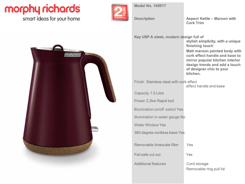 Page 1 de la notice Fiche technique Morphy Richards Aspect 100017