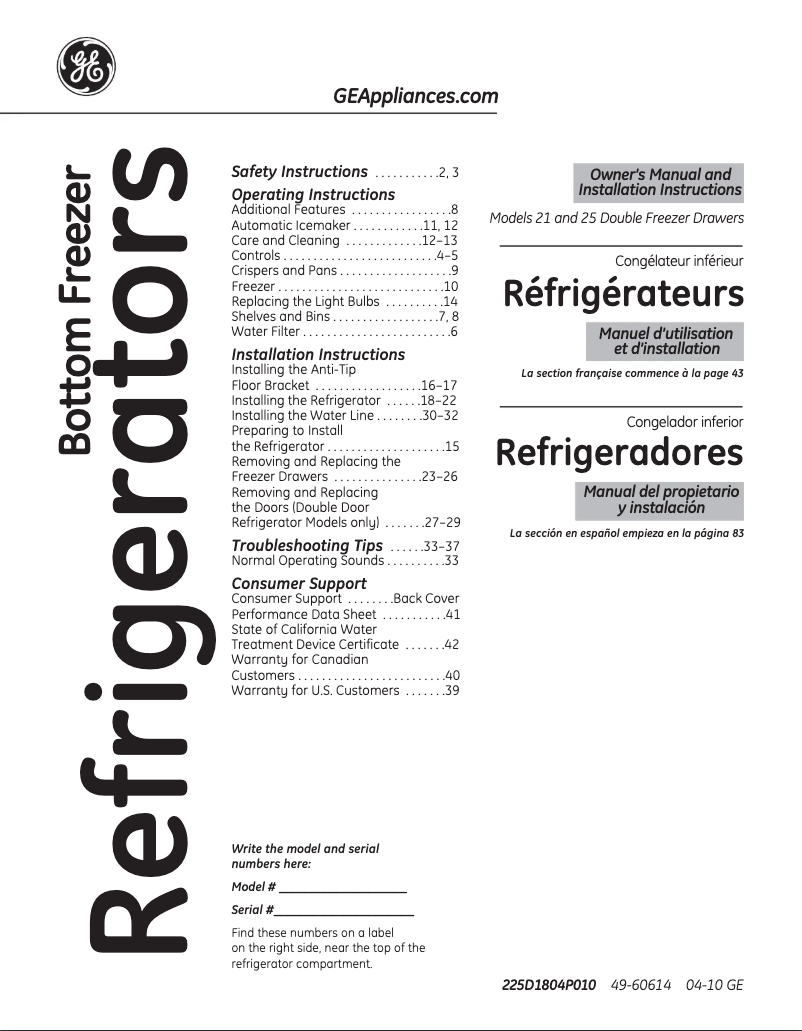 Page n°1 - Manuel utilisateur GE PGCS1NFZSS