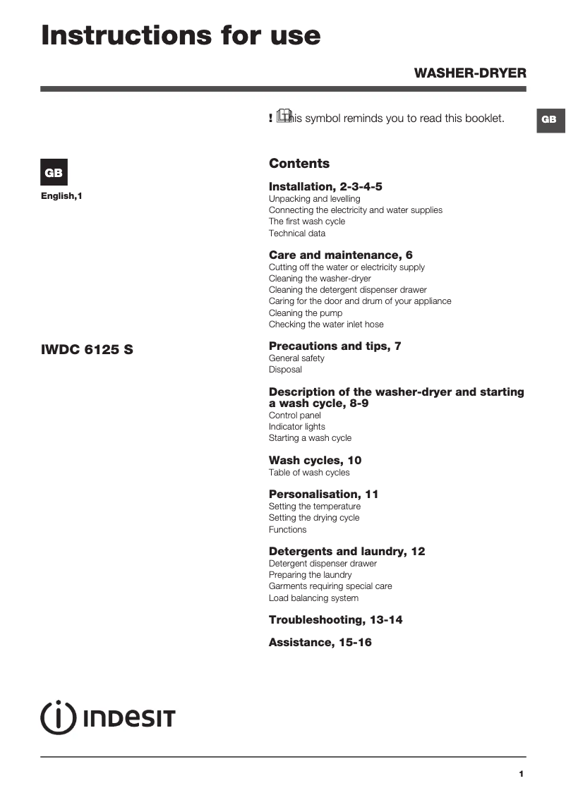 Page n°1 - Mode d'emploi Indesit IWDC 6125 S (UK)