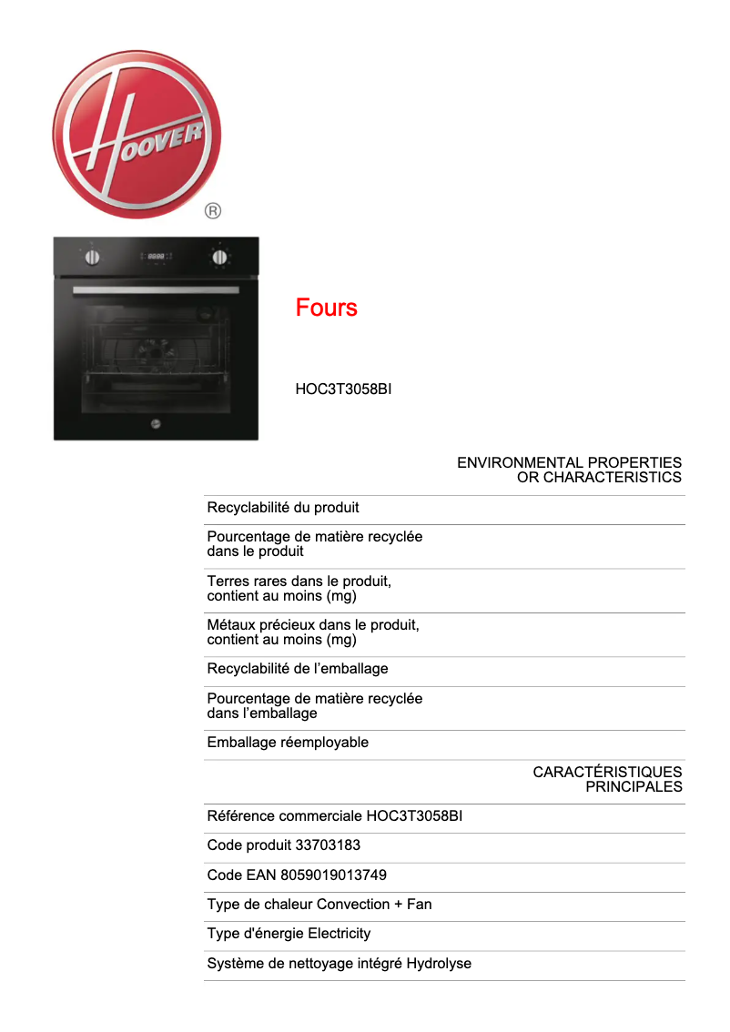 Page 1 de la notice Fiche technique Hoover H-OVEN 300 HOC3T3058BI