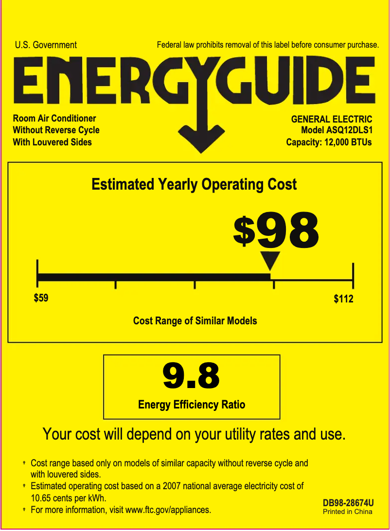 Page 1 of the manual Energy Label GE ASQ12DL