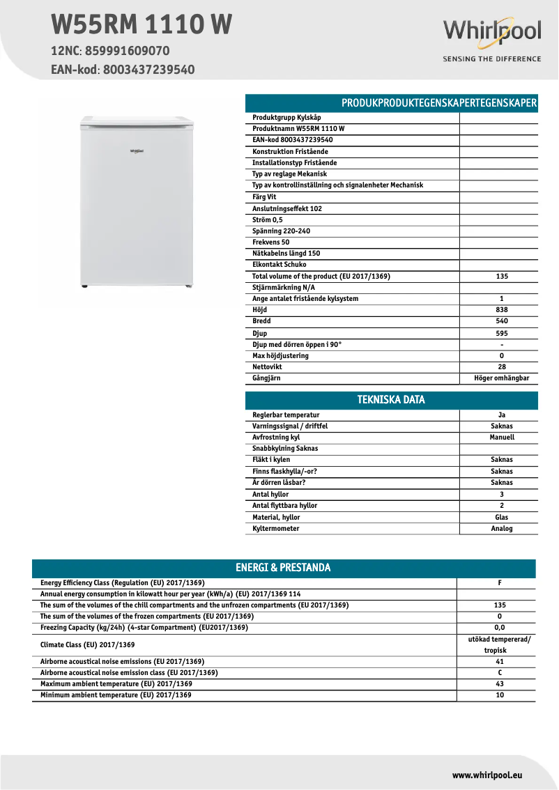 Página 1 del manual Ficha técnica Whirlpool W55RM 1110 W