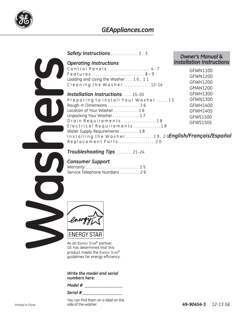 Página 1 del manual Manual de uso y mantenimiento GE GFWS1500DWW
