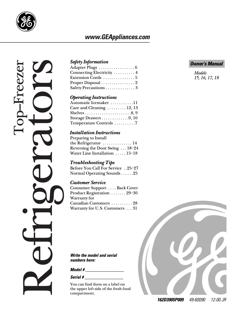 Page 1 de la notice Manuel d'utilisation et d'entretien GE TBX18JABWW