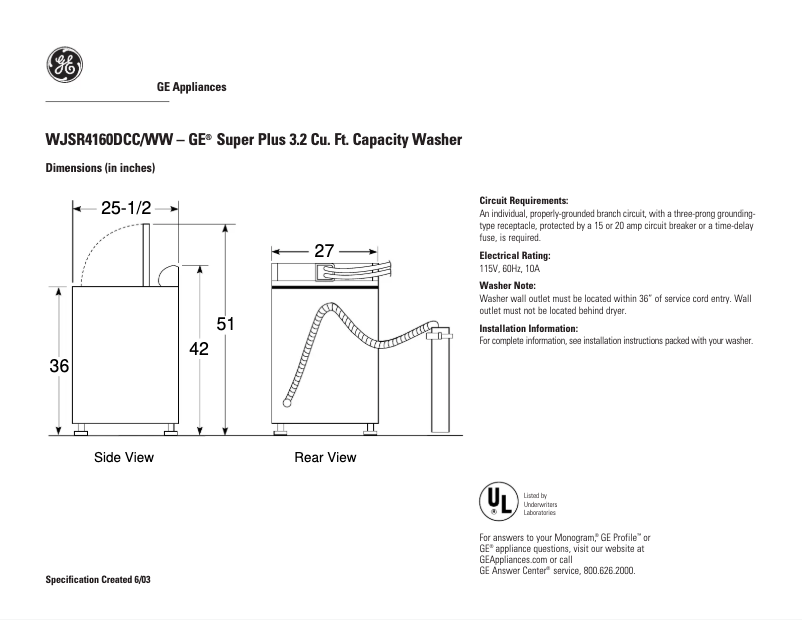 Page n°1 - Fiche technique GE WJSR4160DWW