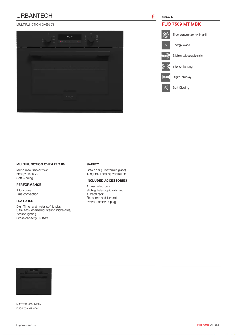 Page 1 de la notice Fiche technique Fulgor Milano FUO 7509 MT MBK