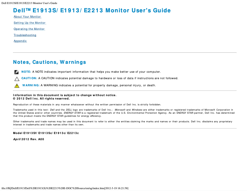Page 1 de la notice Mode d'emploi Dell E Series E2213