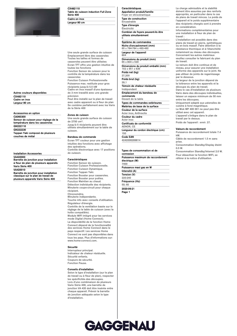 Page 1 de la notice Fiche technique Gaggenau CX482110