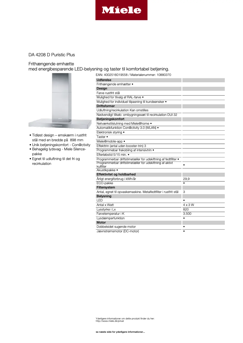 Página 1 del manual Ficha técnica Miele DA 4208 D Puristic Plus
