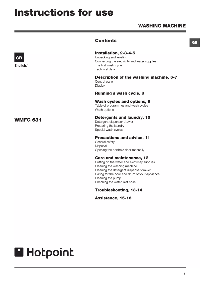 Page 1 de la notice Manuel utilisateur Hotpoint Ariston WMFG 631