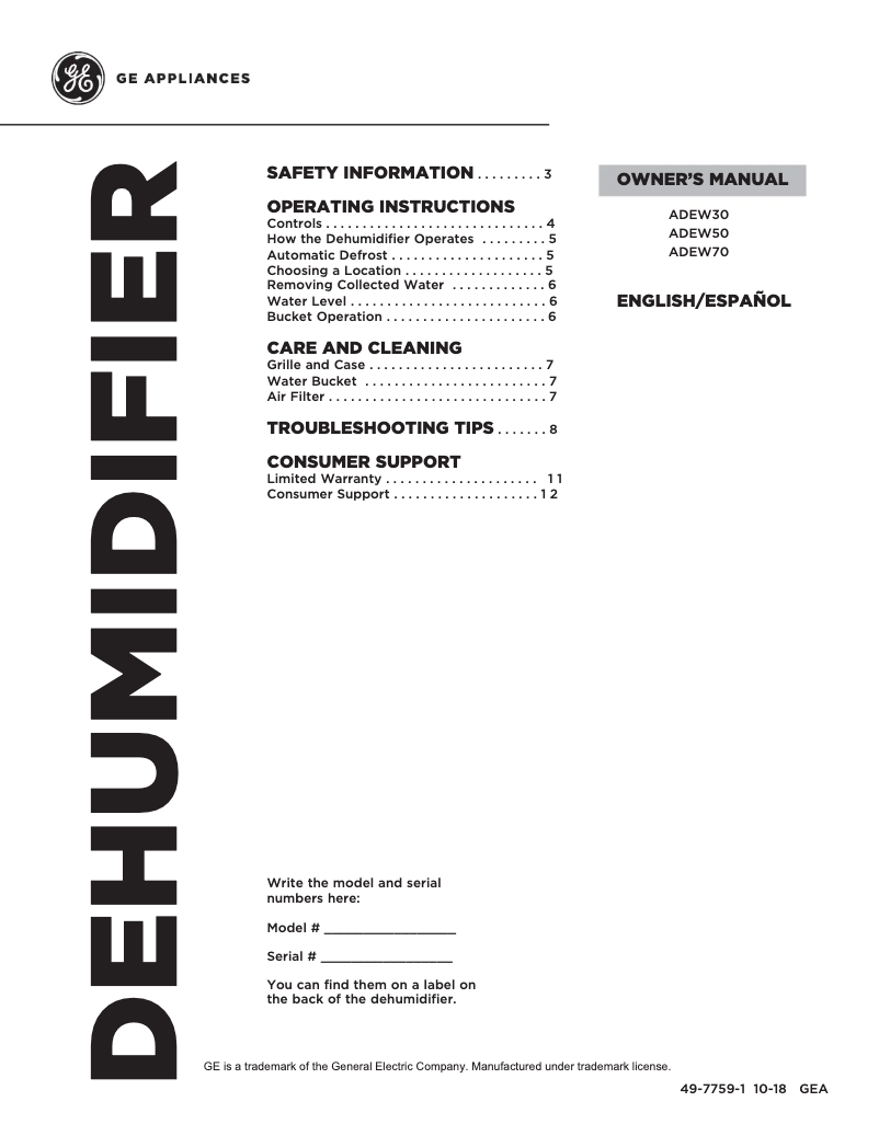 Page n°1 - Manuel utilisateur GE ADEW50LY