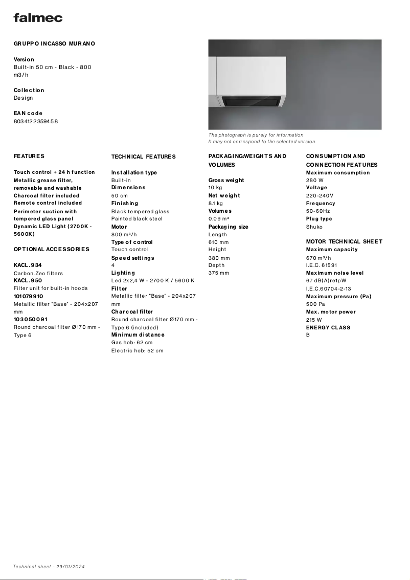 Página 1 del manual Ficha técnica Falmec Gruppo Incasso Murano