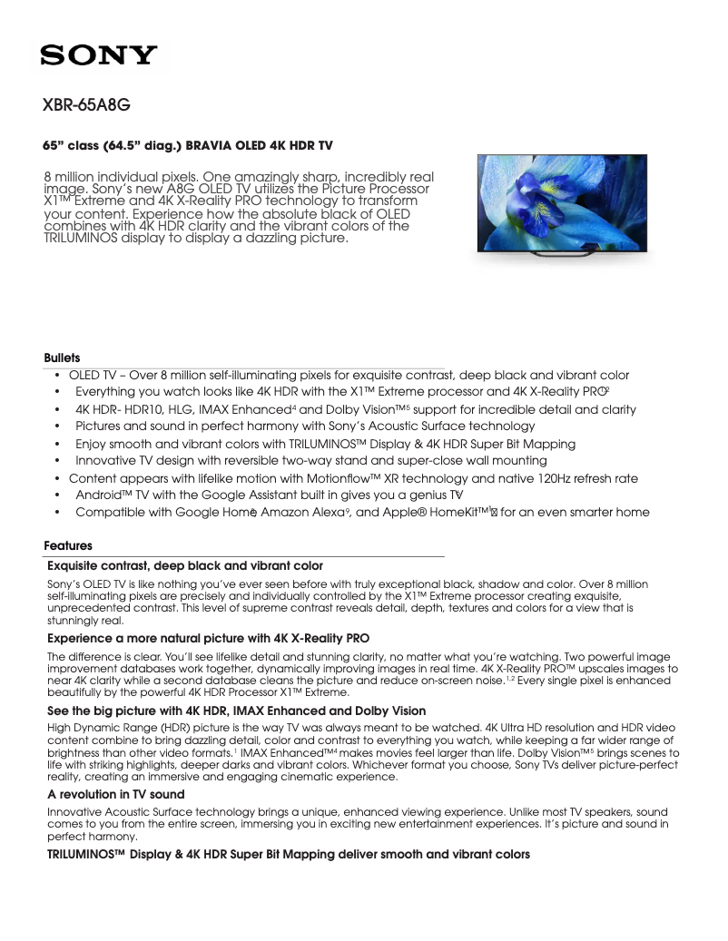 Page 1 de la notice Fiche technique Sony XBR-65A8G