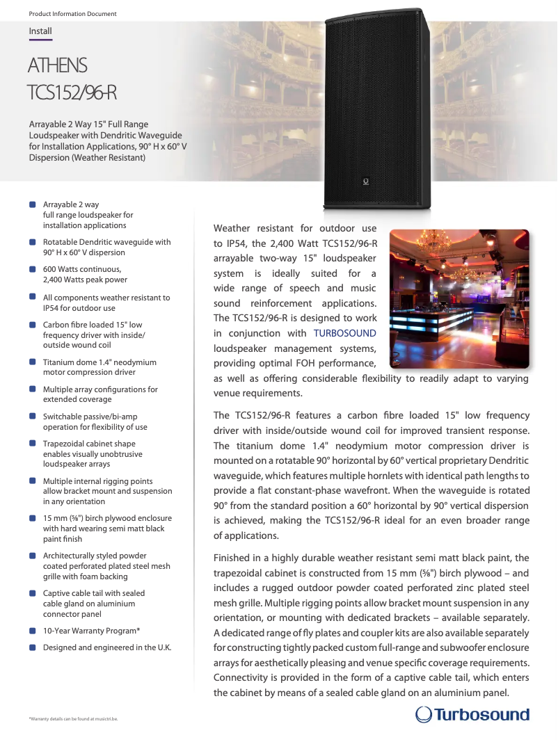 Página 1 del manual Ficha técnica Turbosound Athens TCS152/96-R