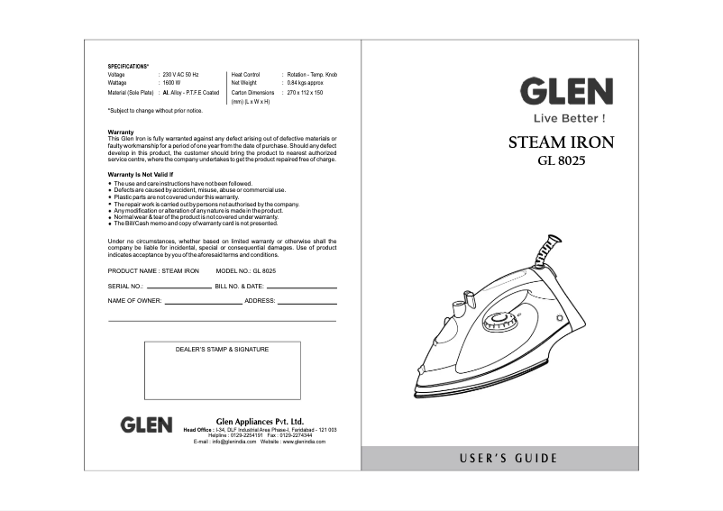 Page 1 de la notice Manuel utilisateur Glen GL 8025