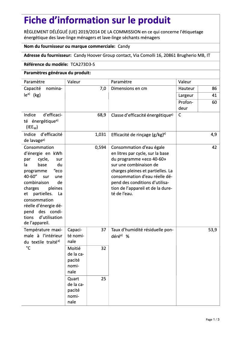 Page 1 of the manual Technical Sheet Candy TCA273D3-S