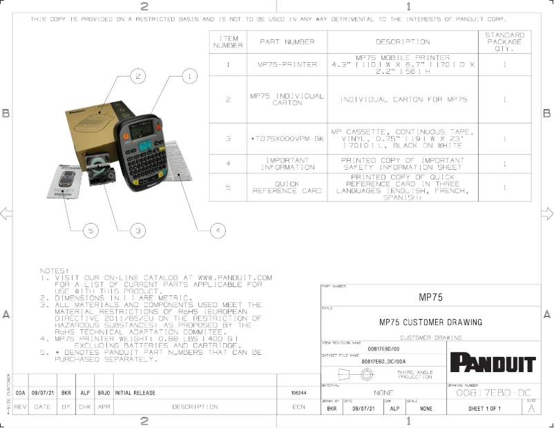 Page 1 de la notice Dessin technique Panduit MP75