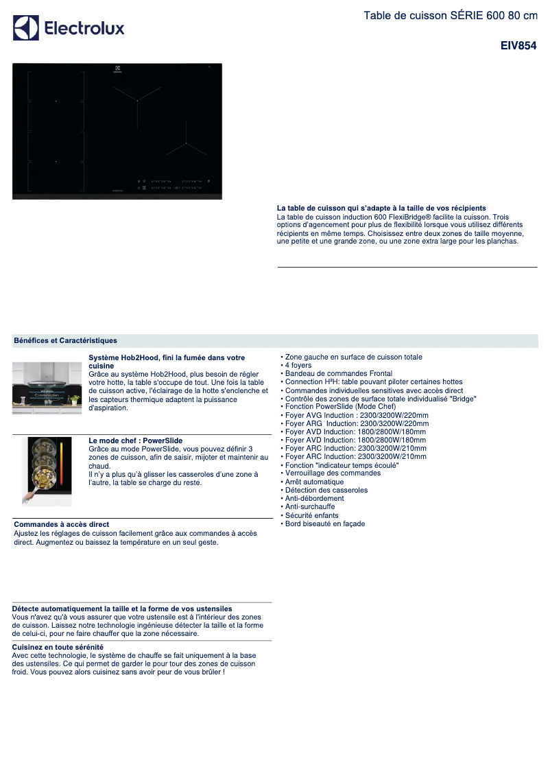 Page 1 de la notice Fiche technique Electrolux EIV854