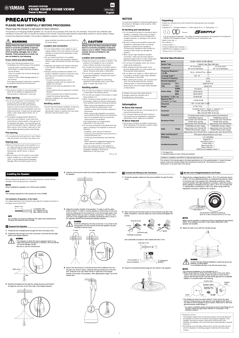 Page 1 de la notice Manuel utilisateur Yamaha VXH8W