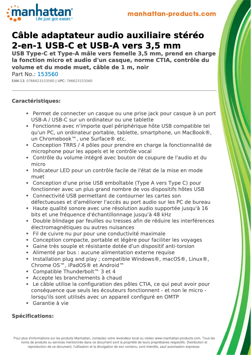 Page 1 de la notice Fiche technique Manhattan 153560