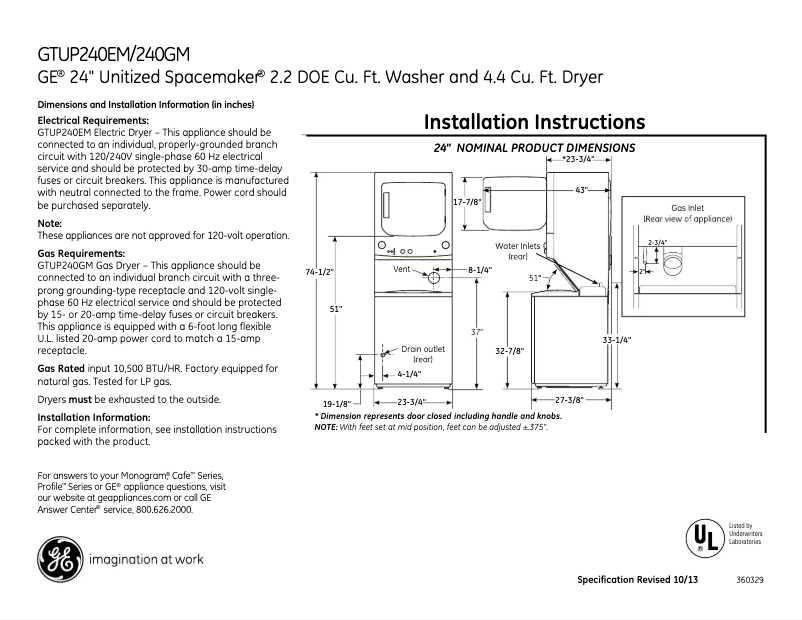 Page 1 of the manual Technical Sheet GE Spacemaker GTUP240EMWW