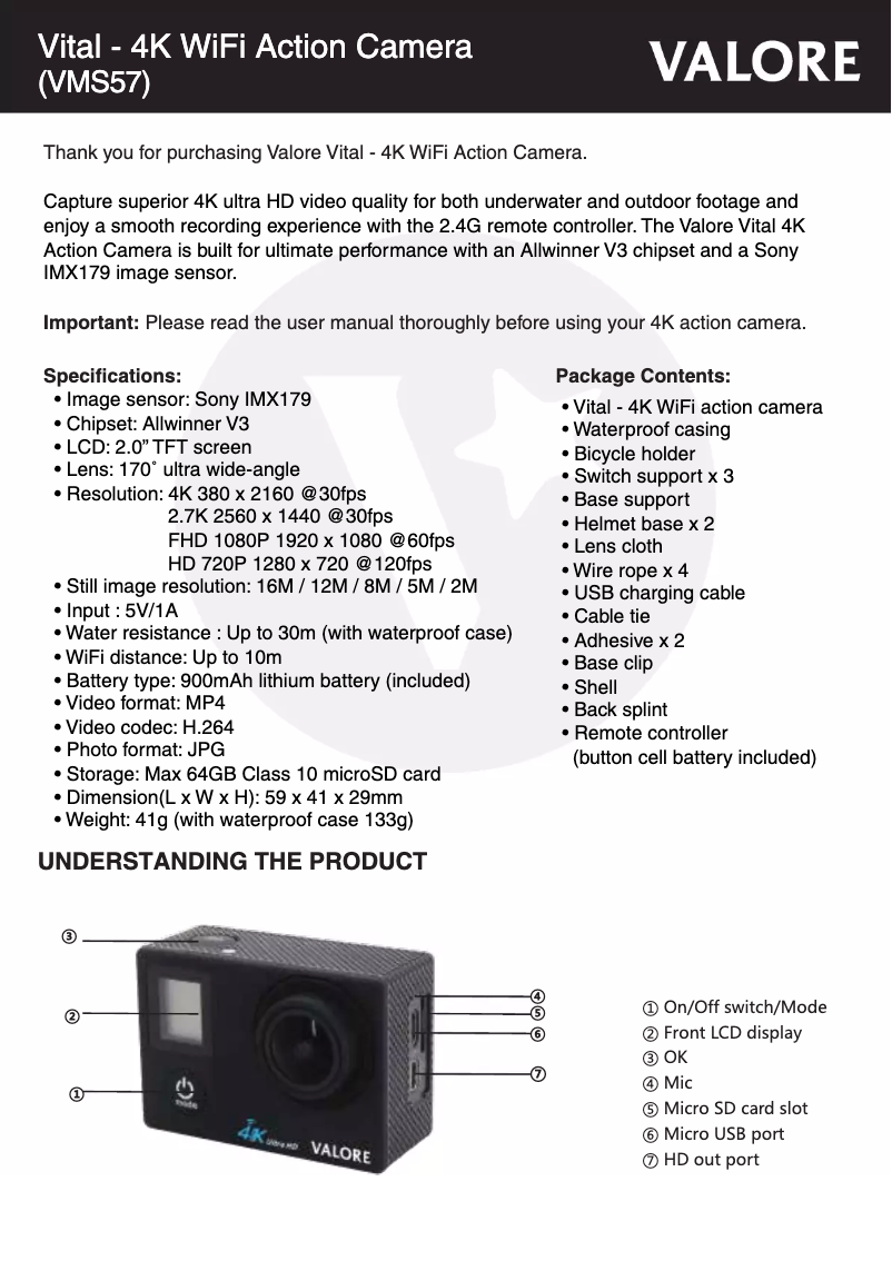 Page 1 de la notice Manuel utilisateur Valore VMS57