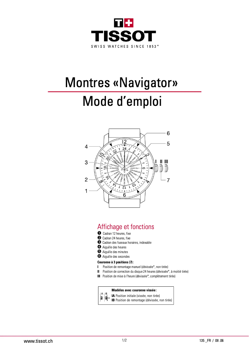 Page 1 de la notice Manuel utilisateur Tissot Heritage Navigator Automatic Gold 160TH Anniversary