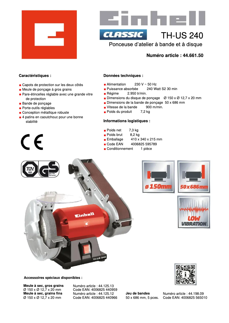 Page 1 de la notice Fiche technique Einhell TH-US 240
