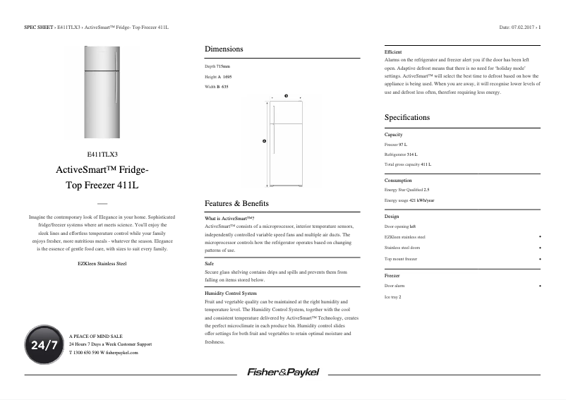 Página 1 del manual Ficha técnica Fisher & Paykel E411TLX3