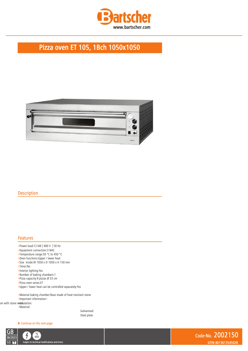 Page 1 de la notice Fiche technique Bartscher ET 205