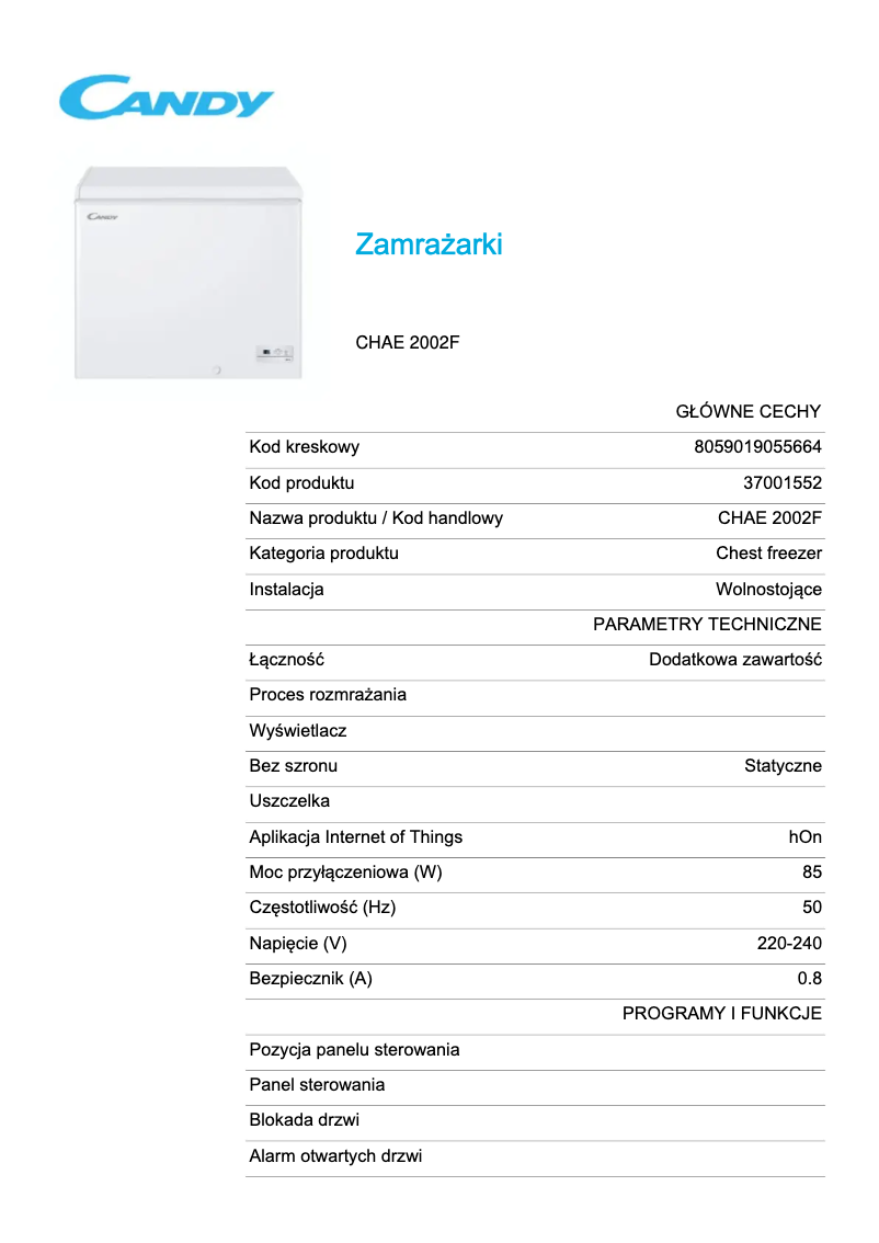 Page 1 of the manual Technical Sheet Candy CHAE 2002F