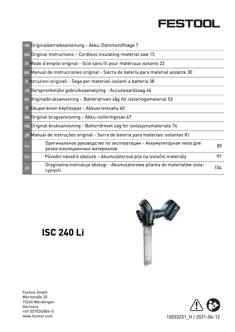 Page 1 de la notice Manuel utilisateur Festool ISC 240 Li