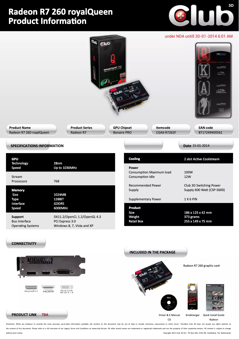 Page 1 de la notice Manuel utilisateur CLUB3D Radeon R7 260 royalQueen