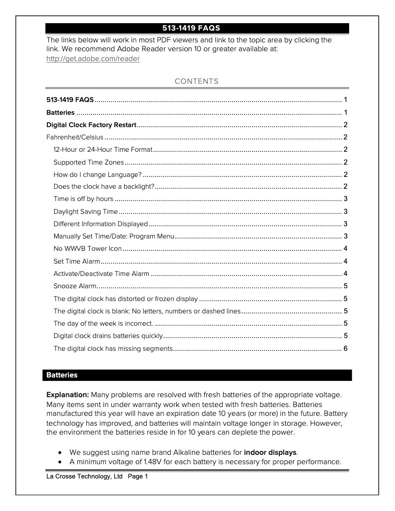 Página 1 del manual Preguntas frecuentes La Crosse Technology 513-1419