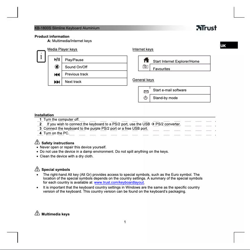 Page 1 de la notice Manuel utilisateur Trust XpertTouch KB-1800S