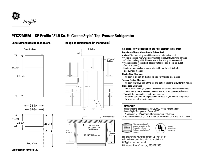 Página 1 del manual Ficha técnica GE Profile CustomStyle PTC22MBMLBB
