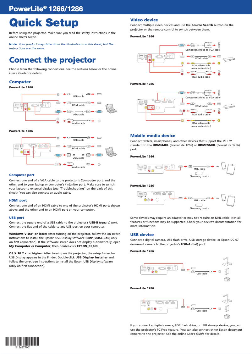 Page 1 de la notice Manuel utilisateur Epson PowerLite 1286 Wireless