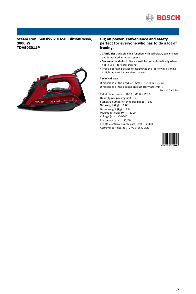 Page 1 de la notice Fiche technique Bosch TDA503011P