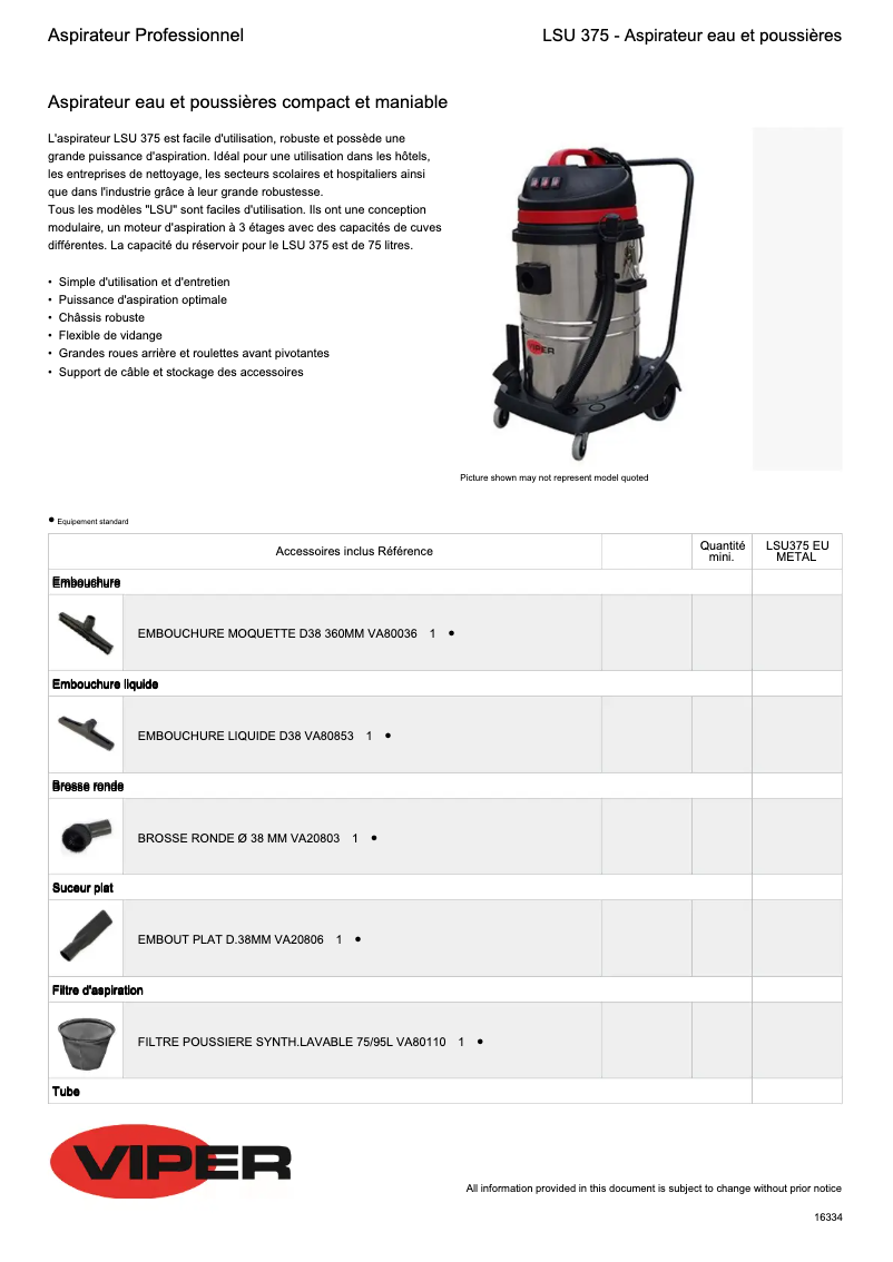 Page 1 de la notice Fiche technique Viper LSU375