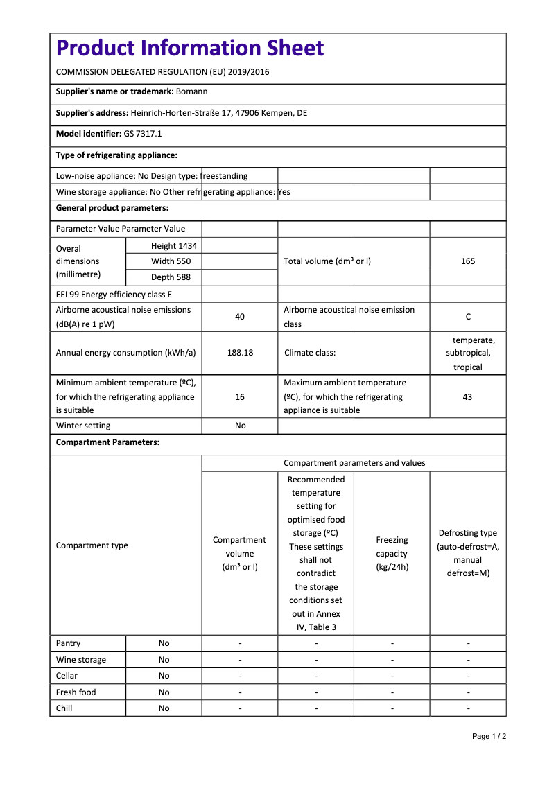 Page 1 de la notice Fiche technique Bomann GS 7317.1
