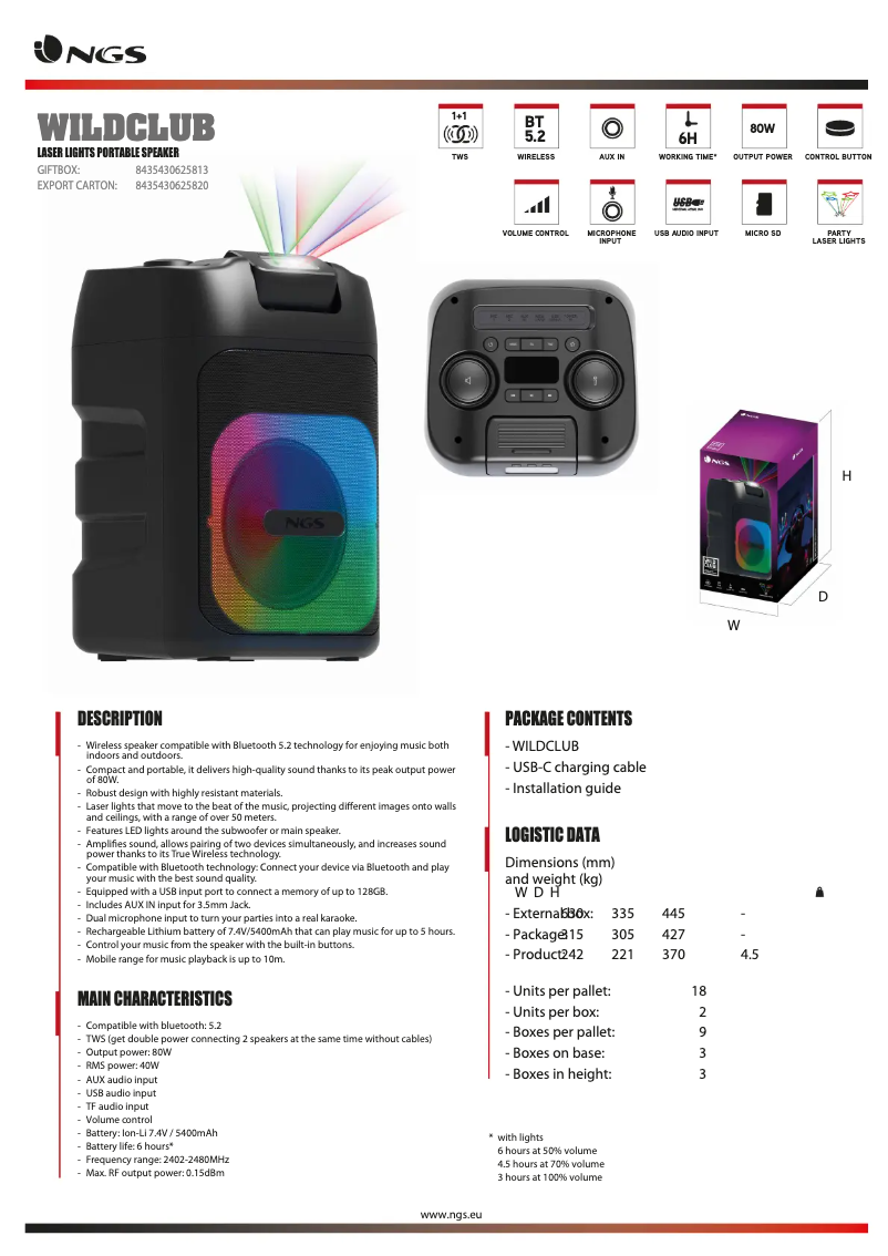 Page 1 de la notice Fiche technique NGS WILD CLUB