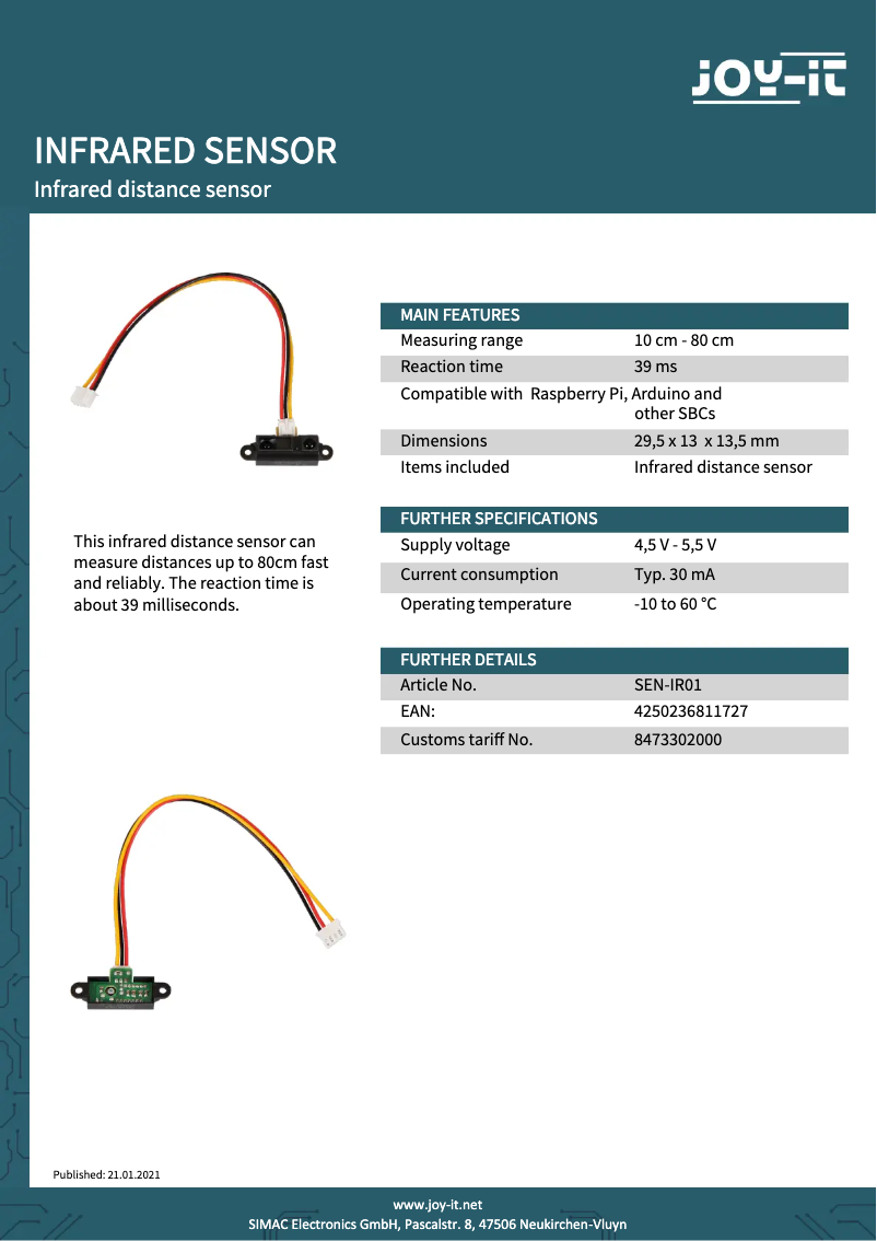 Page 1 de la notice Fiche technique Joy-It SEN-IR01