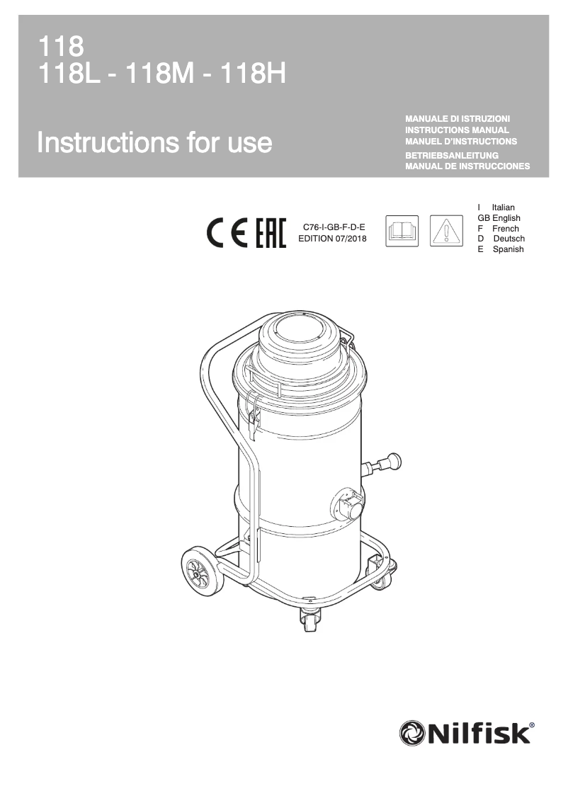 Page 1 de la notice Manuel utilisateur Nilfisk 118