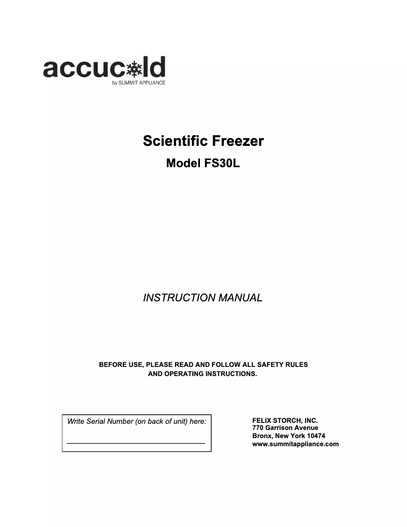 Image de la première page du manuel de l'appareil Accucold FS30L7