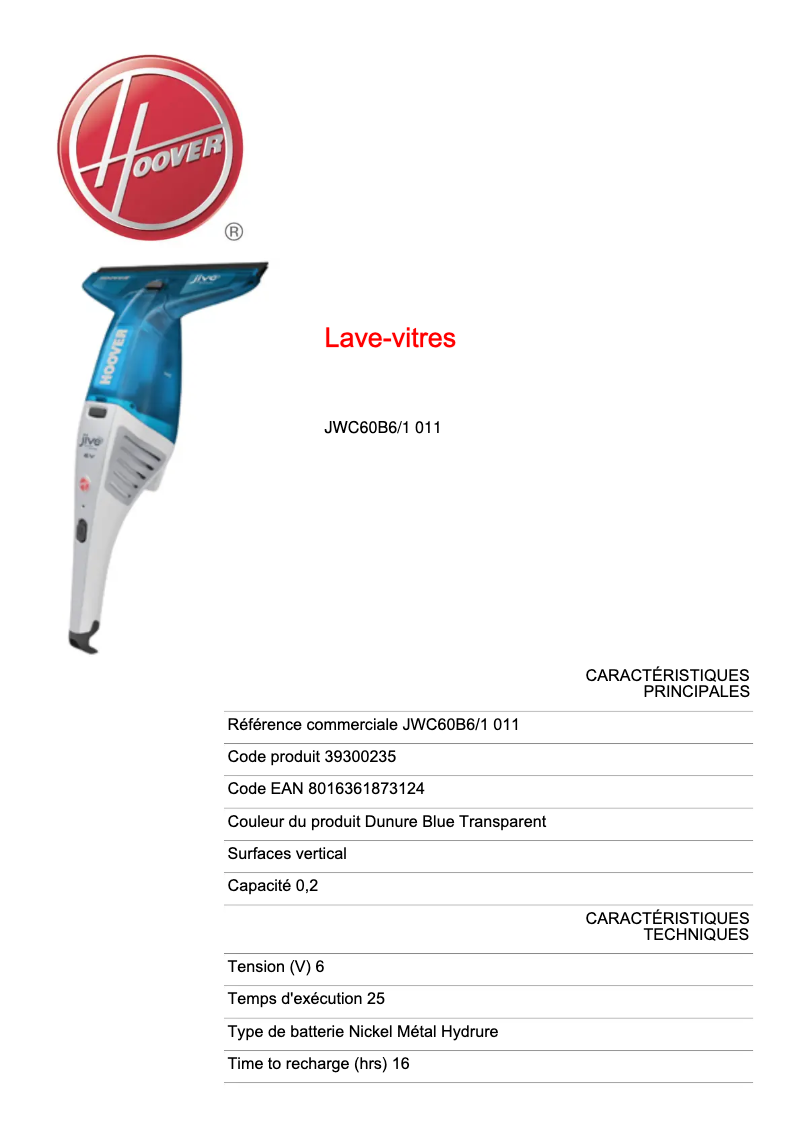 Page 1 de la notice Fiche technique Hoover Jive JWC60B6/1 011